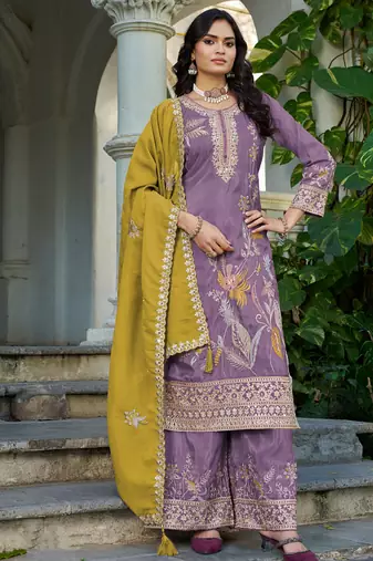  simmer silk heavy embroidery palazzo suit for women lilac