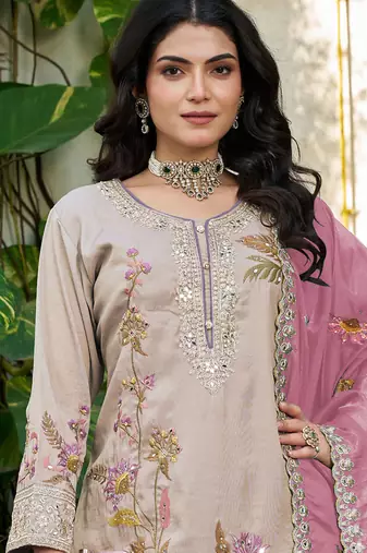  simmer silk heavy embroidery palazzo suit for women beige