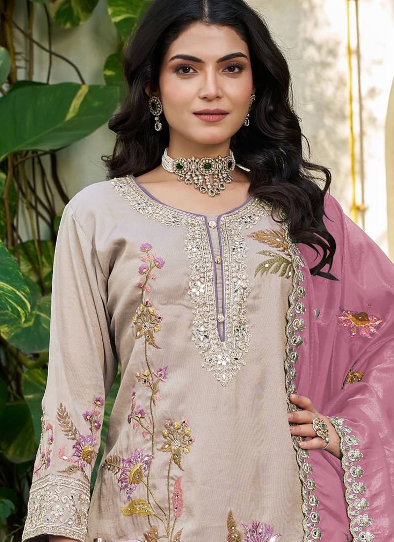  simmer silk heavy embroidery palazzo suit for women beige