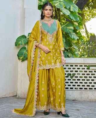 yellow chinon mirror work suit for women 1