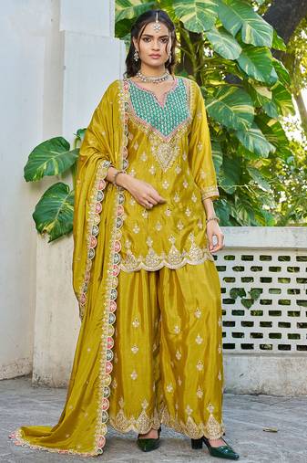 yellow chinon mirror work suit for women