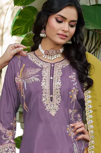  simmer silk heavy embroidery palazzo suit for women lilac