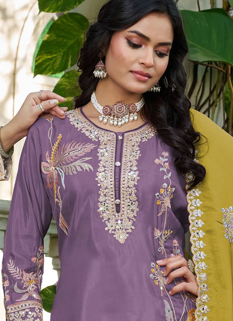 simmer silk heavy embroidery palazzo suit for women lilac