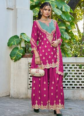 pink chinon mirror work suit for women 1