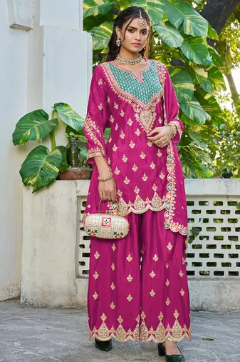  pink chinon mirror work suit for women