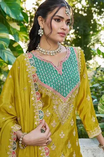  yellow chinon mirror work suit for women
