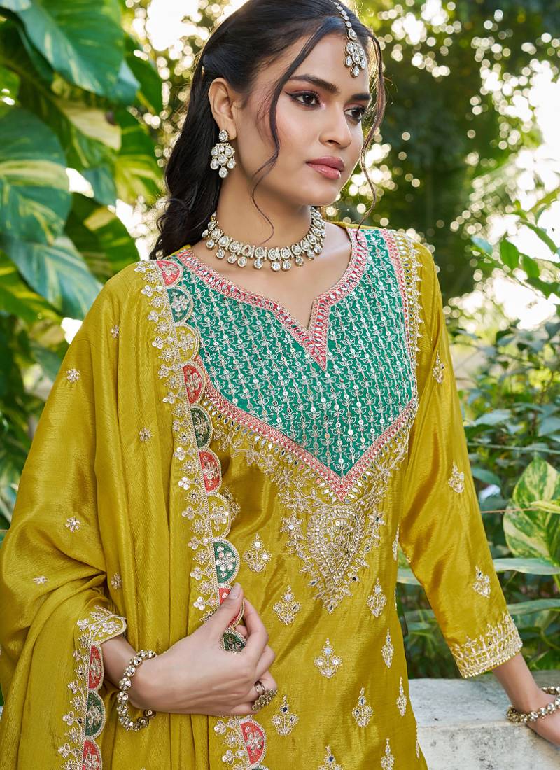  yellow chinon mirror work suit for women