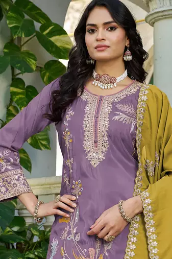  simmer silk heavy embroidery palazzo suit for women lilac
