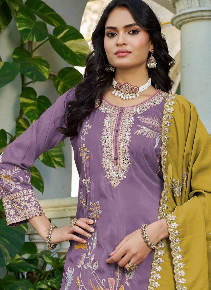  simmer silk heavy embroidery palazzo suit for women lilac