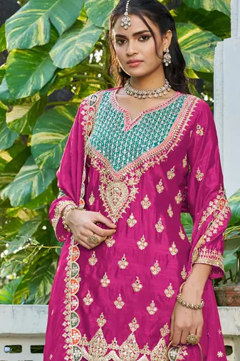 pink chinon mirror work suit for women