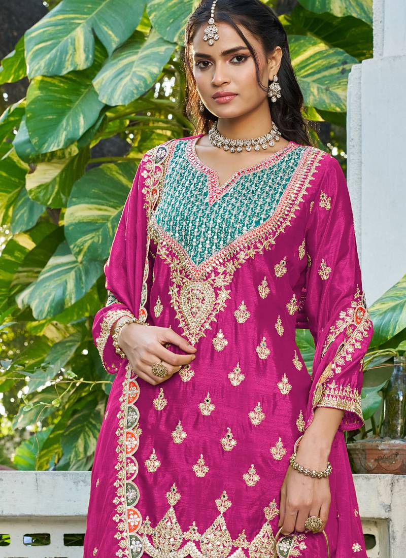  pink chinon mirror work suit for women