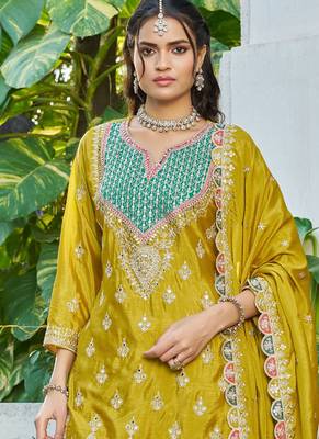 yellow chinon mirror work suit for women 3