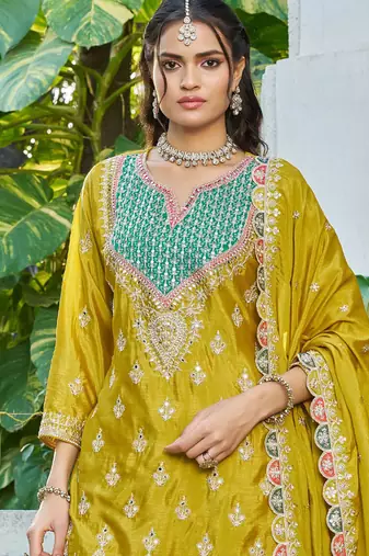  yellow chinon mirror work suit for women