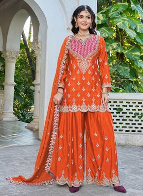 orange chinon mirror work suit for women 1