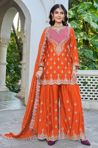  orange chinon mirror work suit for women