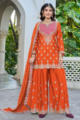  orange chinon mirror work suit for women