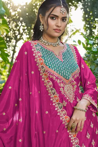pink chinon mirror work suit for women
