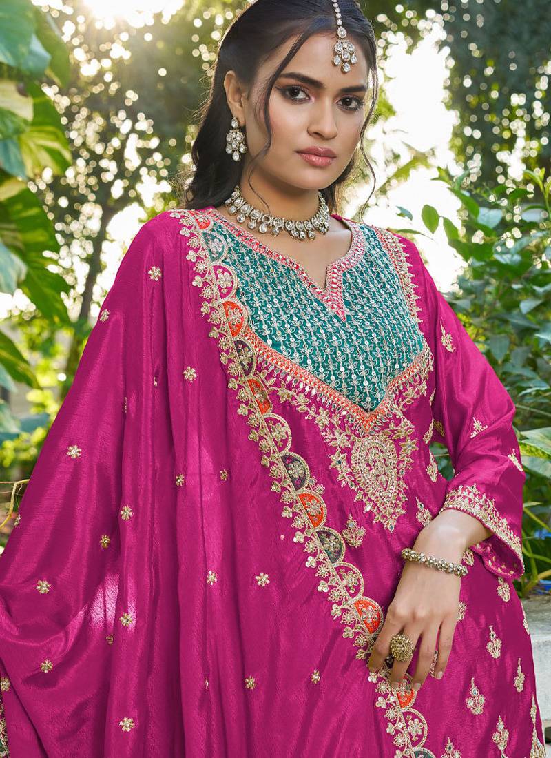  pink chinon mirror work suit for women