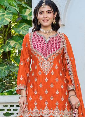 orange chinon mirror work suit for women 2