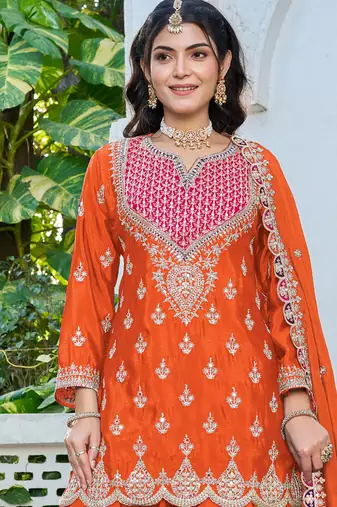  orange chinon mirror work suit for women