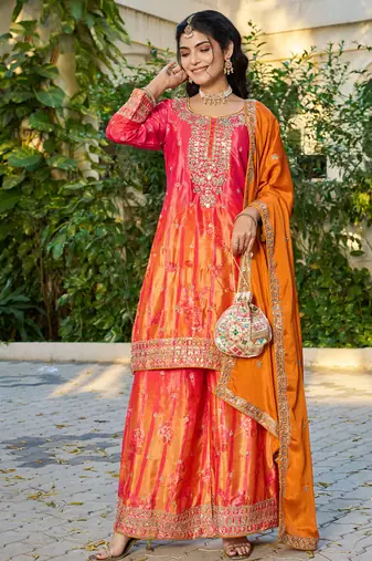  orange printed chinon party wear palazzo suit for women
