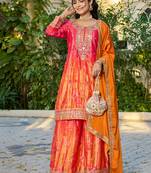  orange printed chinon party wear palazzo suit for women