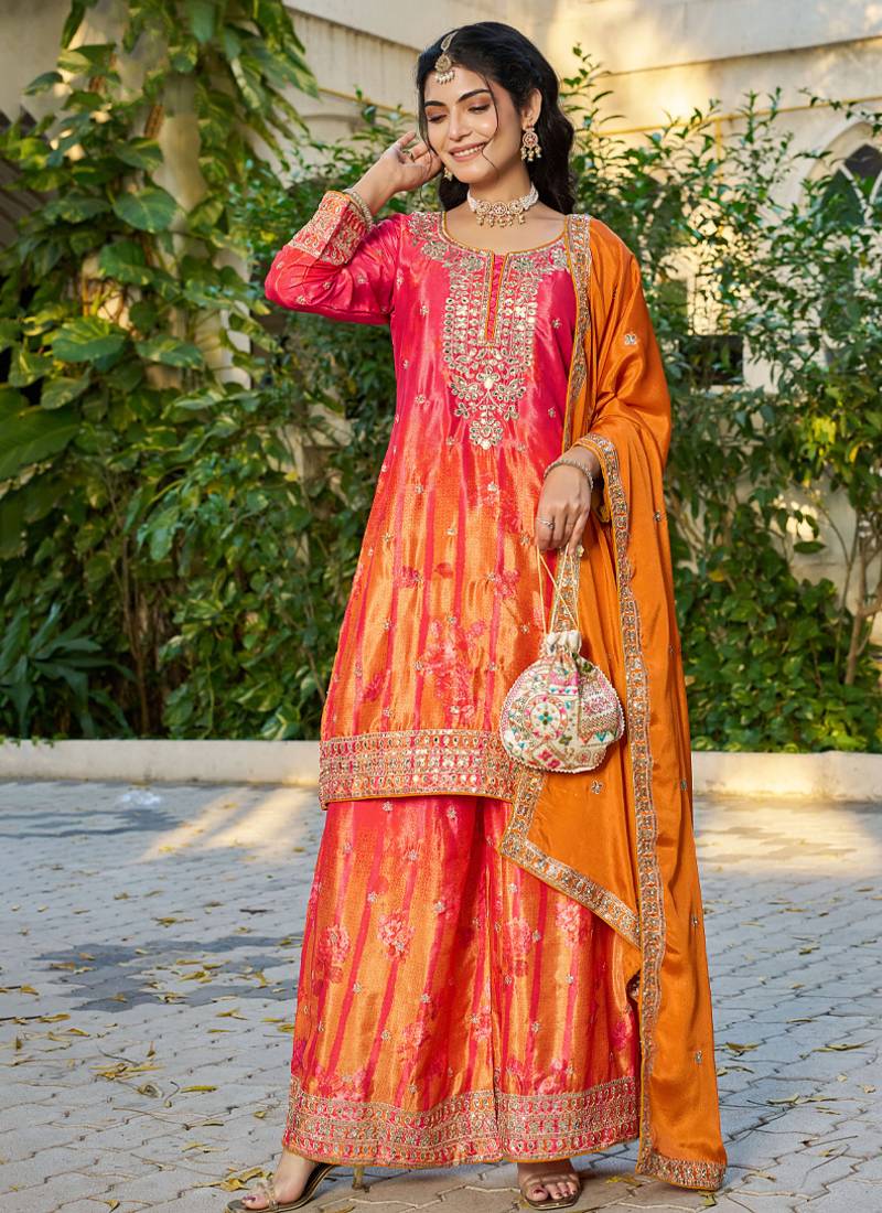  orange printed chinon party wear palazzo suit for women