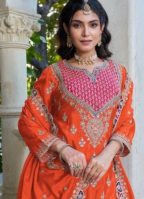 orange chinon mirror work suit for women 3