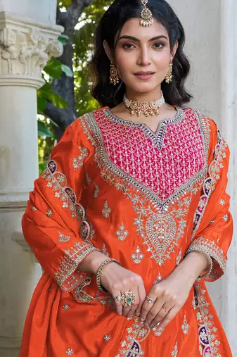  orange chinon mirror work suit for women