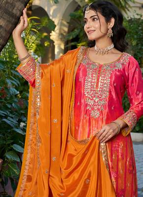 orange printed chinon party wear palazzo suit for women 2