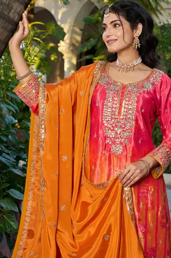  orange printed chinon party wear palazzo suit for women