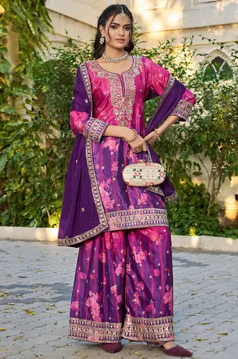  purple printed chinon party wear palazzo suit for women