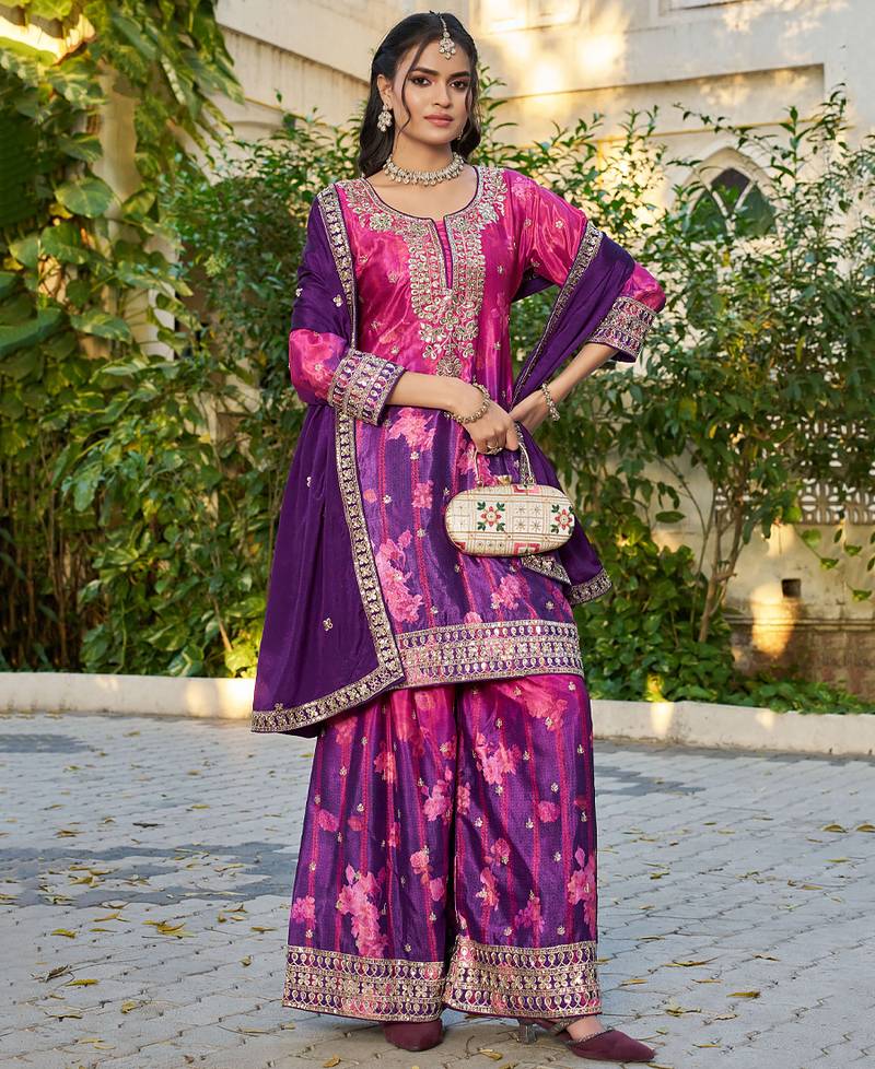  purple printed chinon party wear palazzo suit for women