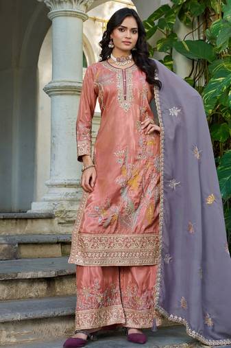  simmer silk heavy embroidery palazzo suit for women peach