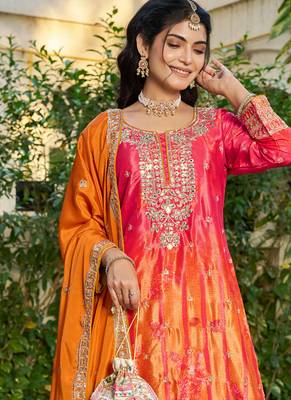 orange printed chinon party wear palazzo suit for women 3