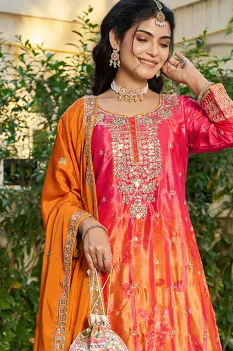  orange printed chinon party wear palazzo suit for women