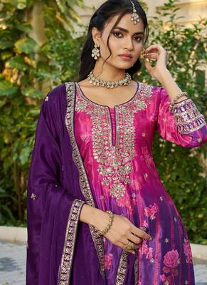 purple printed chinon party wear palazzo suit for women 2