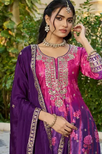  purple printed chinon party wear palazzo suit for women