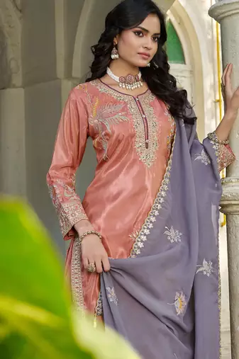  simmer silk heavy embroidery palazzo suit for women peach