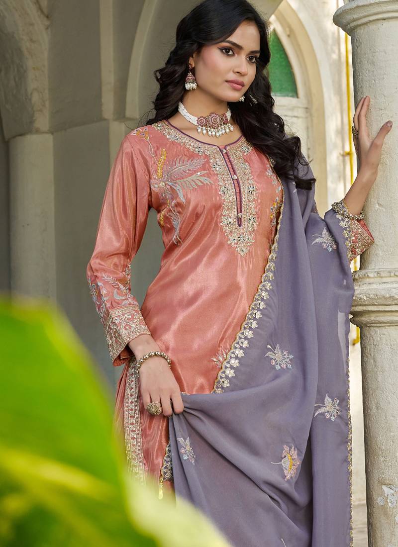  simmer silk heavy embroidery palazzo suit for women peach