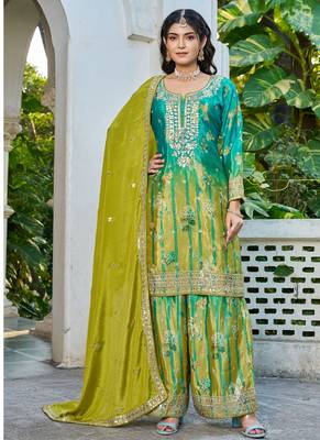 sky blue printed chinon party wear palazzo suit for women 1