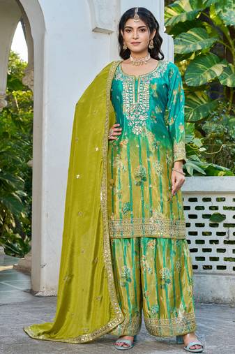  sky blue printed chinon party wear palazzo suit for women