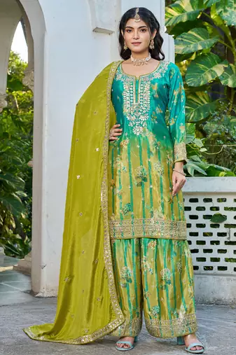  sky blue printed chinon party wear palazzo suit for women