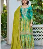  sky blue printed chinon party wear palazzo suit for women