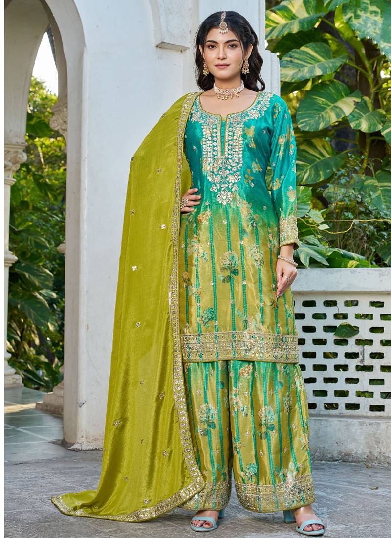  sky blue printed chinon party wear palazzo suit for women