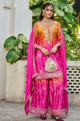  pink printed chinon party wear palazzo suit for women