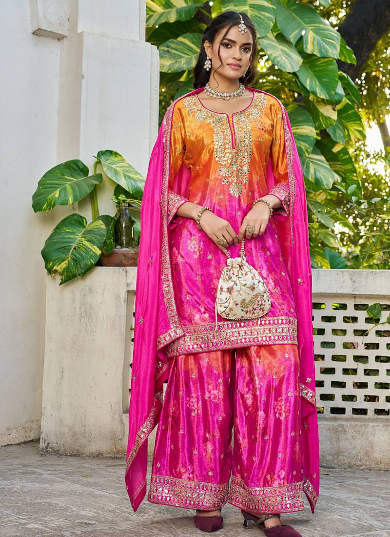  pink printed chinon party wear palazzo suit for women