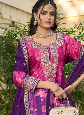 purple printed chinon party wear palazzo suit for women 3
