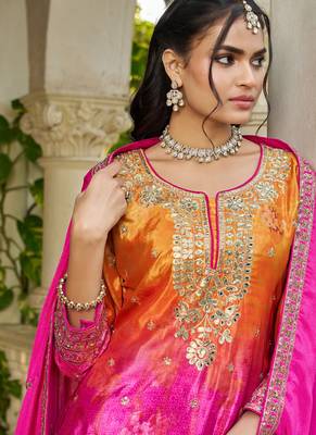 pink printed chinon party wear palazzo suit for women 2