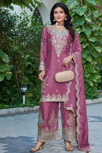  pink festival wear chinon palazzo suit for women